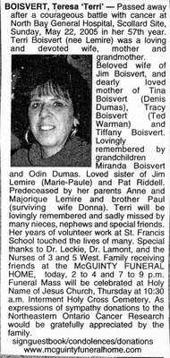 Nécrologie / Obituary Teresa 'Terri' Boisvert (née Lemire)