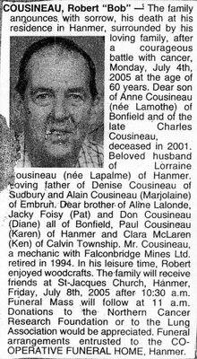 Nécrologie / Obituary Robert &quot;Bob&quot; Cousineau