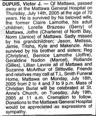 Nécrologie / Obituary Victor J. Dupuis