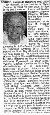 Nécrologie / Obituary Ludgarde Bérubé (née Gagnon)