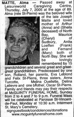 Nécrologie / Obituary Alma Matte (née St-Pierre)