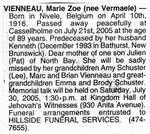 Nécrologie / Obituary Marie Zoe Vienneau (née Vermaele)