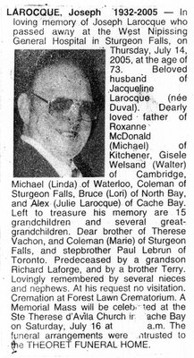 Nécrologie / Obituary Joseph Larocque