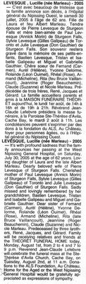 Nécrologie / Obituary Lucille Levesque (née Marleau)