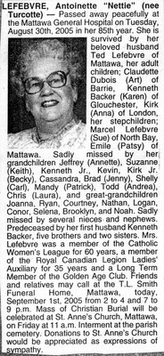 Nécrologie / Obituary Antoinette &quot;Nettie&quot; Lefebvre (née Turcotte)