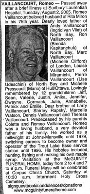 Nécrologie / Obituary Romeo Vaillancourt