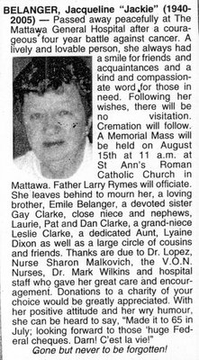 Nécrologie / Obituary Jacqueline &quot;Jackie&quot; Belanger