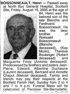 Nécrologie / Obituary Henri Boissonneault