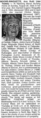 Nécrologie / Obituary Ann Ruth Moore-Ringuette (née Yeates)