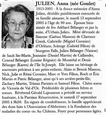 Nécrologie / Obituary Anna Julien (née Goulet)