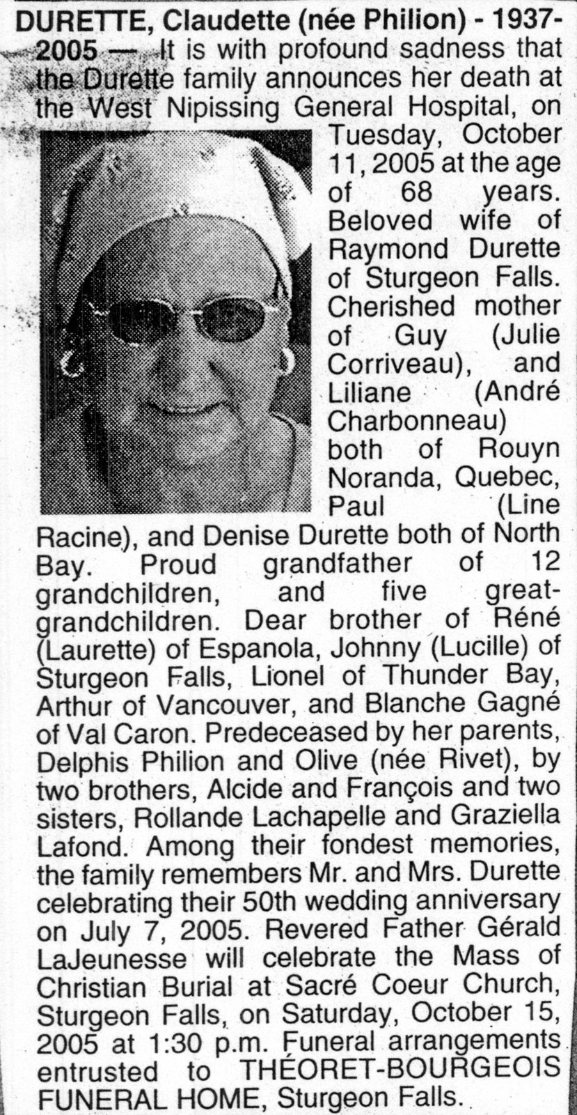 Nécrologie / Obituary Claudette Durette (née Philion): West Nipissing Ouest  - Our History
