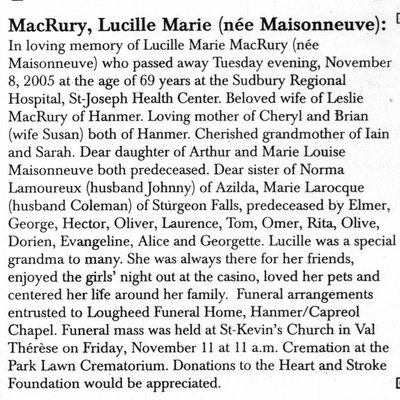 Nécrologie / Obituary Lucille Marie MacRury (née Maisonneuve)