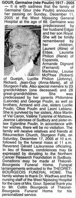 Nécrologie / Obituary Germaine Gour (née Poulin)