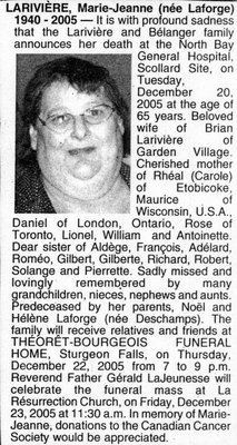 Nécrologie / Obituary Marie-Jeanne Larivière (née Laforge)