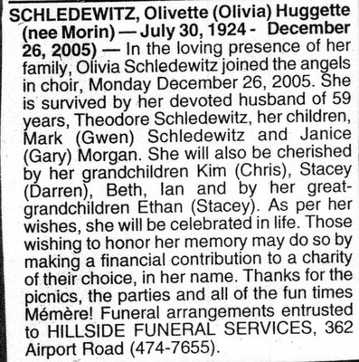 Nécrologie / Obituary Olivette &quot;Olivia&quot; Huggette (née Morin)