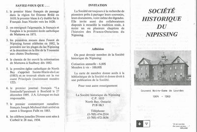 Feuillet publicitaire Société Historique du Nipissing / Historical Society of Nipissing pamphlet