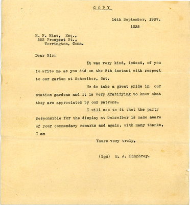 Correspondence About C.P.R. Station Landscaping