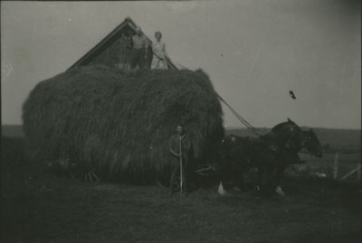 Two men and one woman, with a wagon loaded with hay, Sohm Farm, circa 1930