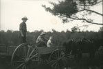 Two men, one boy in a horse-drawn wagon, circa 1930.