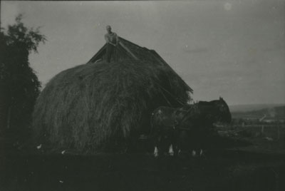 Man on wagon loaded with hay, Sohm farm, Bunker Hill, circa 1932