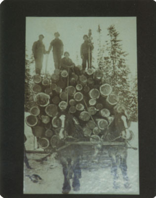 Loggers on Logs on a Sleigh Drawn by Two Horses