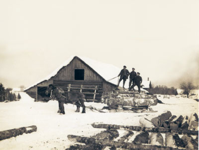 Three Men Drawing into the Sawmill Yard