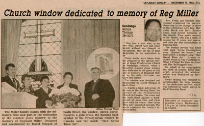 "Church window dedicated to memory of Reg Miller", Newspaper Clipping, 1986
