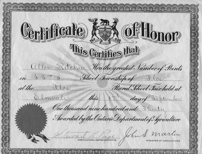Certificate of Honour - Allen Ritchie, September 17, 1930