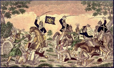 Col. Johnson's Mounted Men charging a party of British Artillerists and Indians at the Battle fought near Moraviantown October 2, 1813