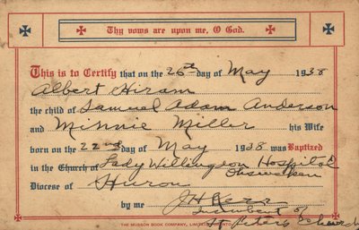 Baptismal Certificate of Albert Hiram Anderson