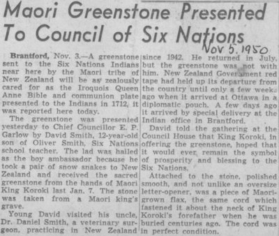 Maori Greenstone Presented to Council of Six Nations