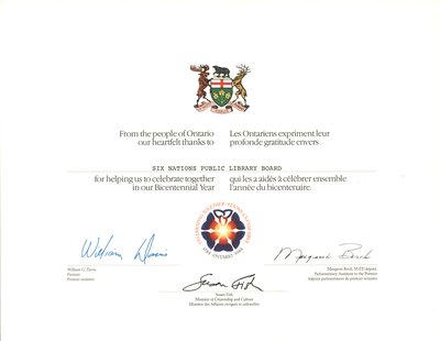 Six Nations Public Library Board Bicentennial Certificate