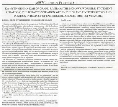 &quot;Ka-Nyen-Geh-Ha-Kah of Grand River (as the Mohawk Workers) Statement Regarding the Tobacco Situation within  the Grand River Territory and Position in Respect of Enbridge Blockade/Protest Measures&quot;