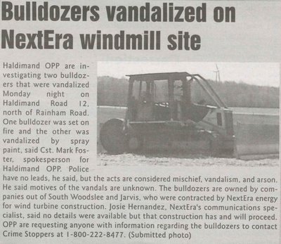 &quot;Bulldozers Vandalized on NextEra Windmill Site&quot;