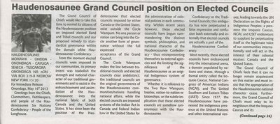 &quot;Haudenosaunee Grand Council Position on Elected Councils&quot;