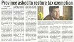 "Province Asked to Restore Tax Exemption"