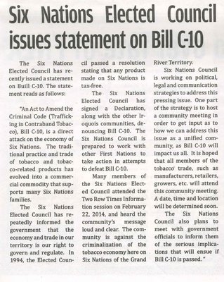 &quot;Six Nations Elected Council Issues Statement on Bill C-10&quot;