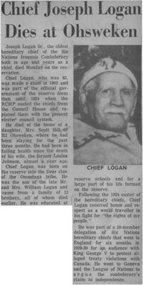 &quot;Chief Joseph Logan Dies at Ohsweken&quot;