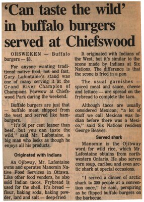 &quot;'Can Taste the Wild' in Buffalo Burgers Served at Chiefswood&quot;