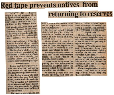 &quot;Red Tape Prevents Natives From Returning to Reserves&quot;