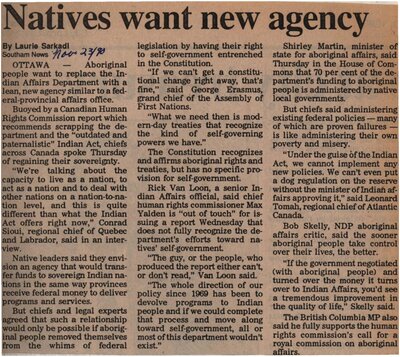 &quot;Natives Want New Agency&quot;