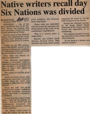 &quot;Native Writers Recall Day Six Nations was Divided&quot;