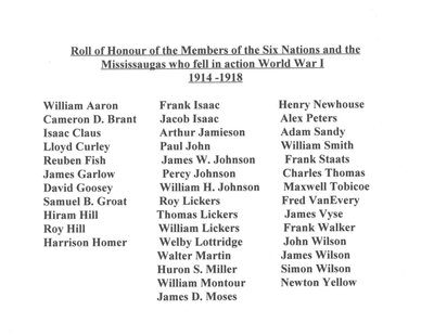 &quot;Roll of Honour of the Members of the Six Nations and the Mississaugas who fell in action World War I 1914-1918&quot;