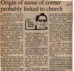"Origin of name of corner probably linked to church"