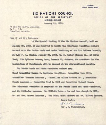 Letter from Six Nations Elected Band Council to Mr. and Mrs. Andrew Jamieson