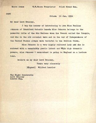 Letter from Wilfred Laurier to Lord Brassey regarding E. Pauline Johnson