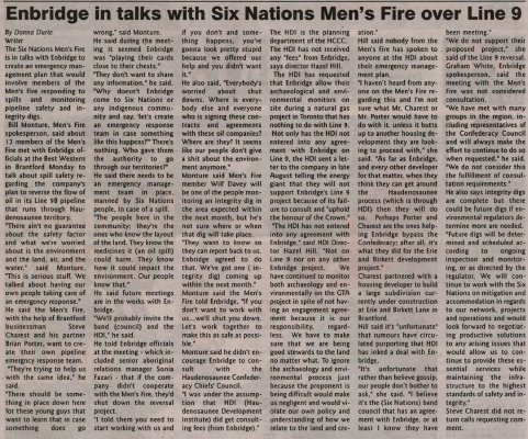 &quot;Enbridge in talks with Six Nations Men's Fire over Line 9&quot;