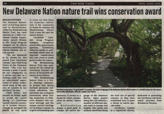 &quot;New Delaware Nation nature trail wins conservation award&quot;