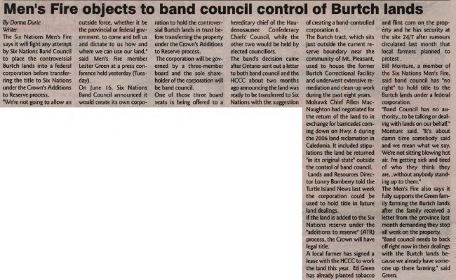 &quot;Men's Fire objects to band council control of Burtch lands&quot;