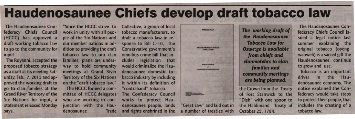 &quot;Haudenosaunee Chiefs develop draft tobacco law&quot;